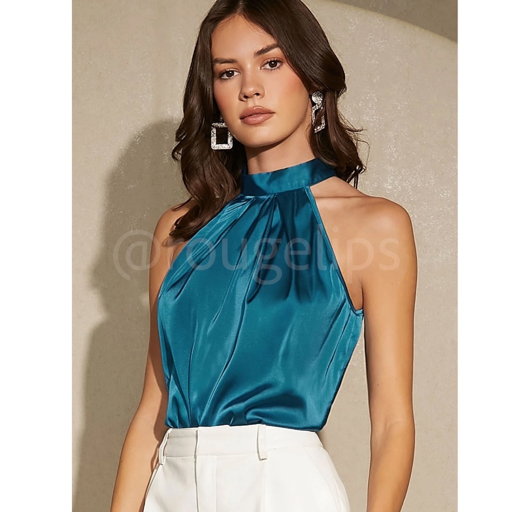 Teal Blue Satin Halter Blouse Top - Picture 6 of 15